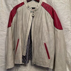 Men's Beige and Red Leather Jacket
